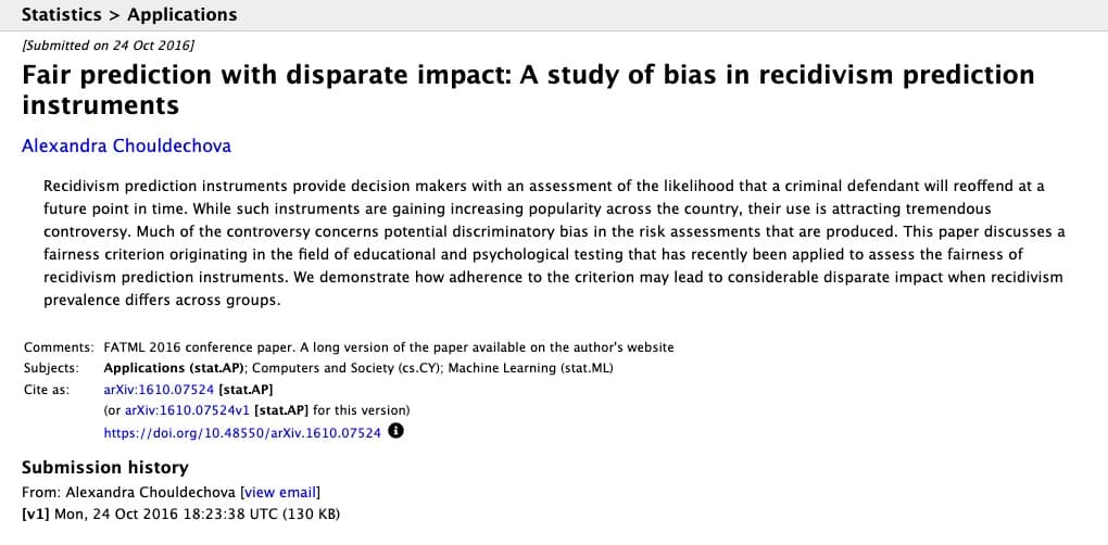 The abstract page for Fair prediction with disparate impact by Alexandra Chouldechova