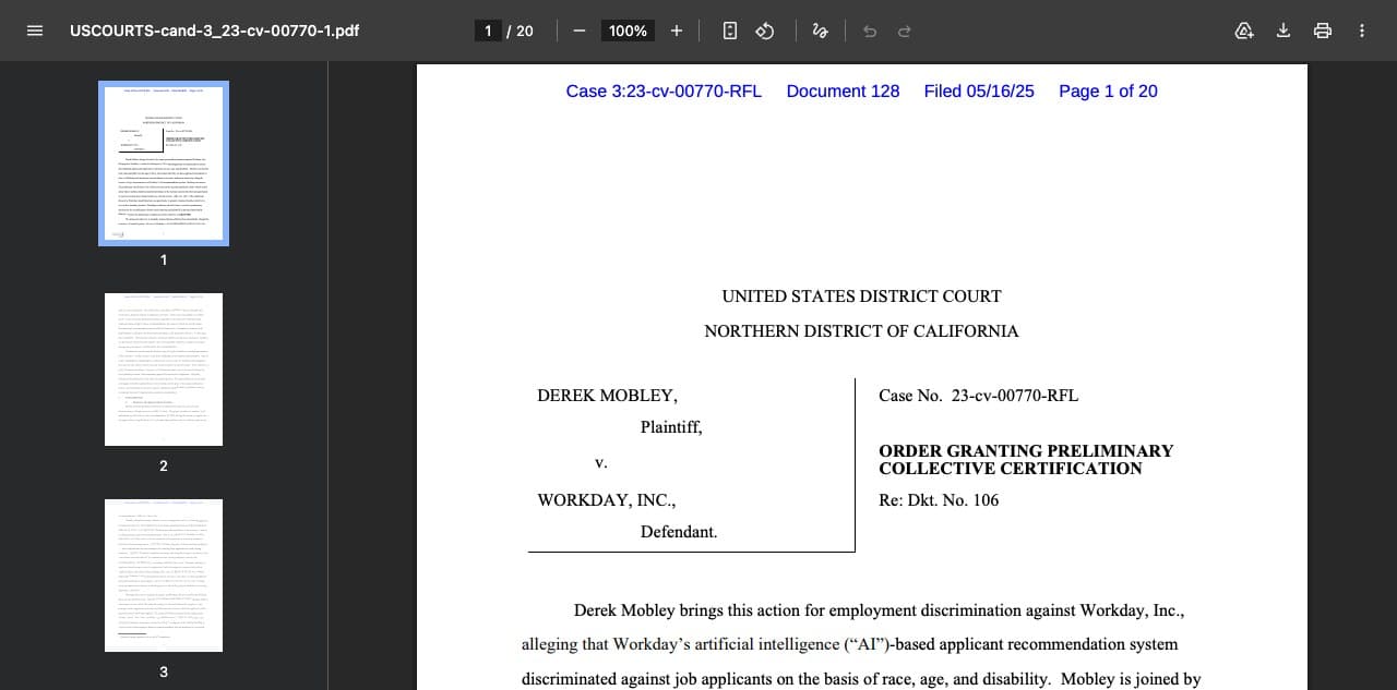 The first page of the Mobley v. Workday preliminary collective certification order