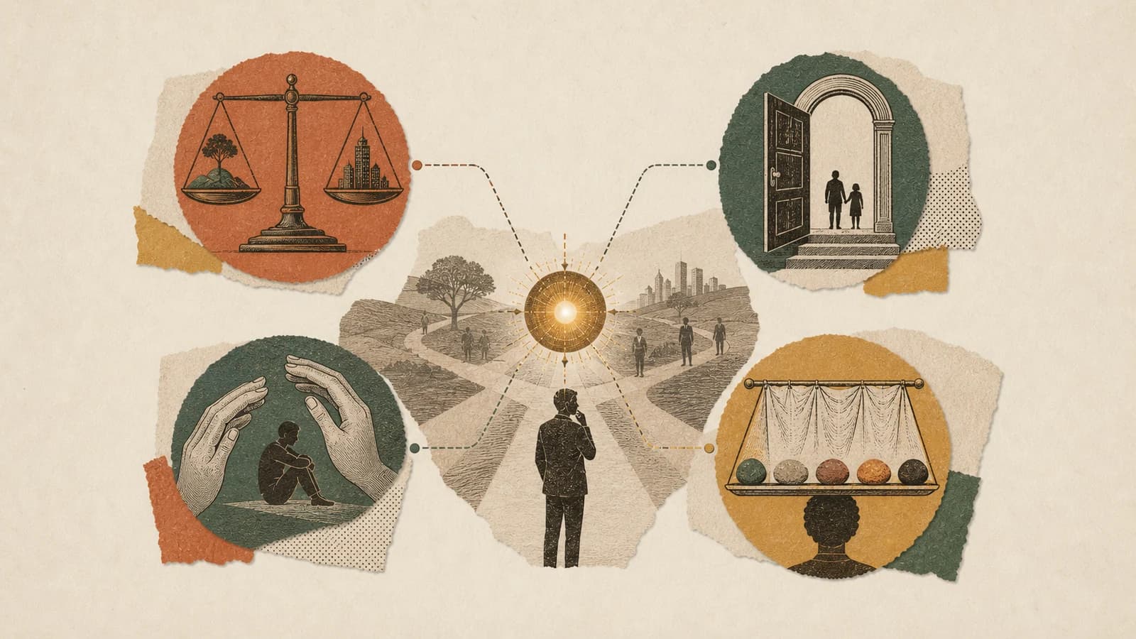 Four ethical lenses arranged around an AI decision