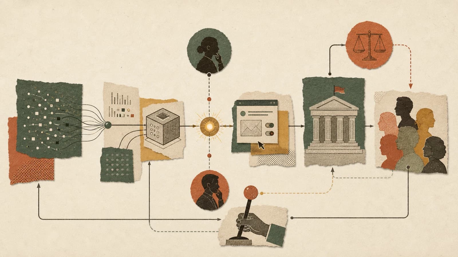 A layered diagram of an AI system embedded in people, policy, data, and institutions