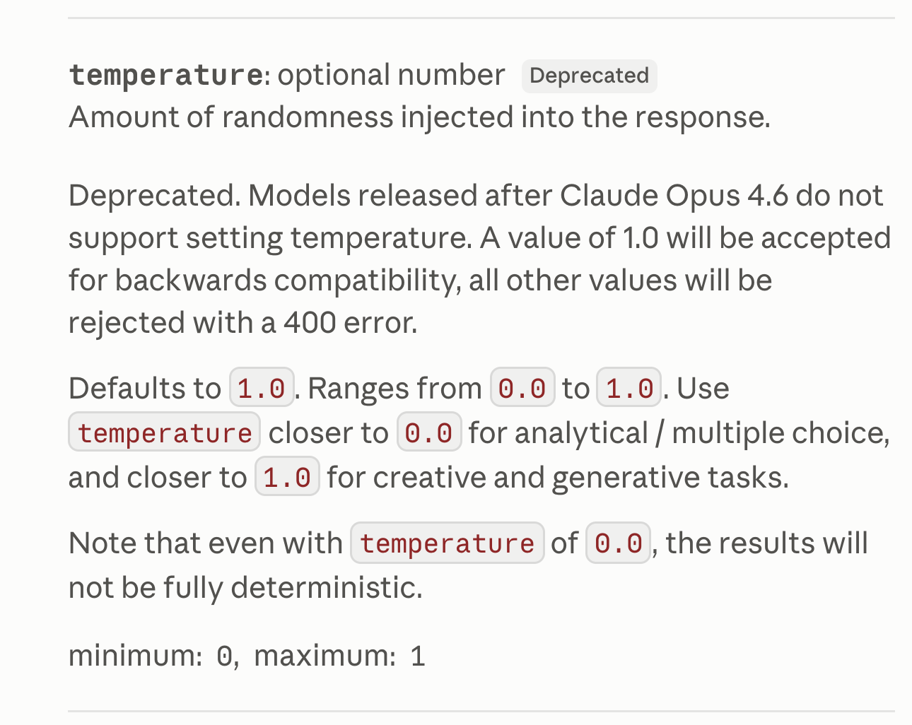 Anthropic API reference for temperature, marked deprecated: models released after Claude Opus 4.6 accept only temperature 1.0.