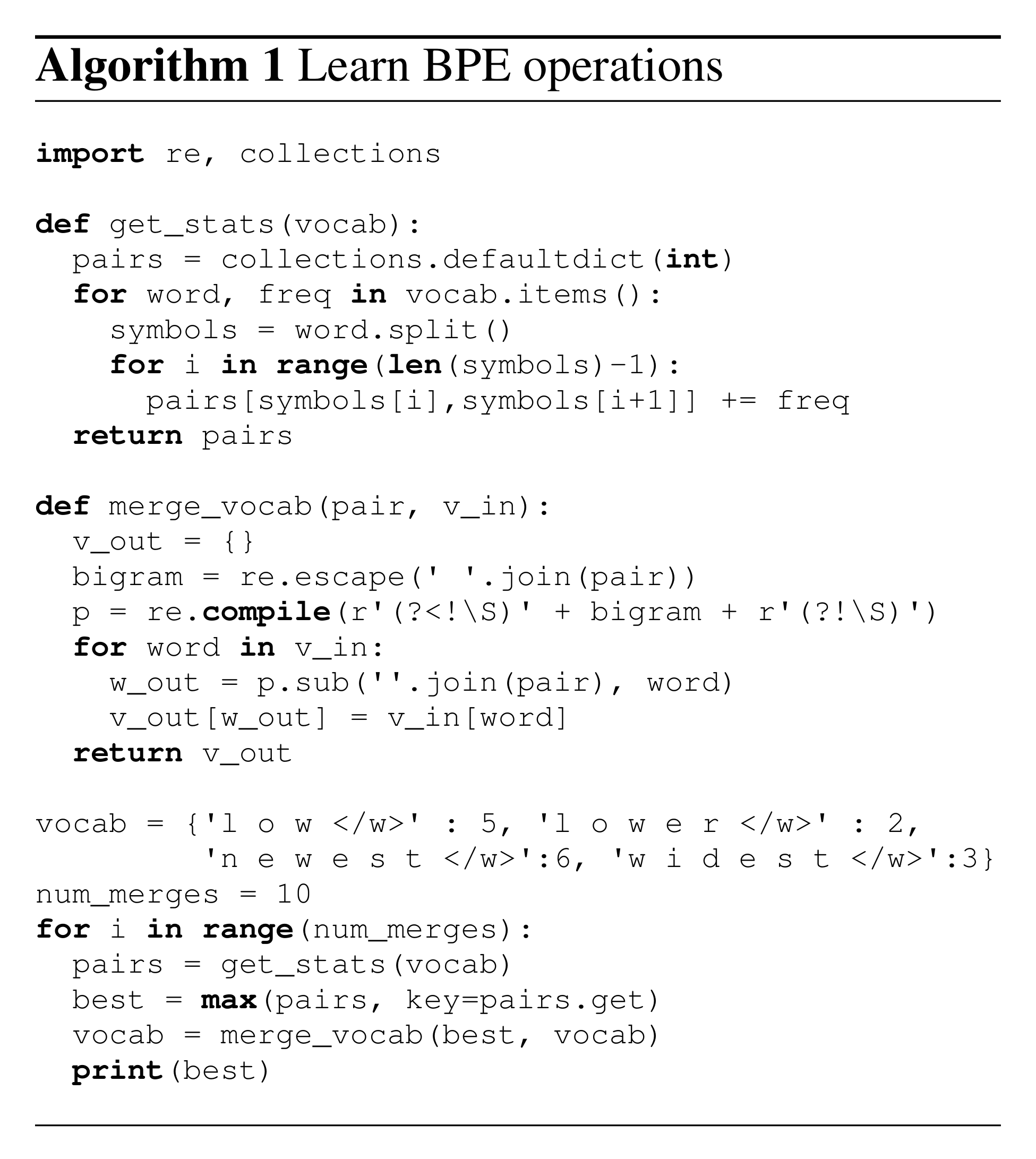 Sennrich et al., Algorithm 1: Learn BPE operations, a short Python listing.
