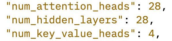 Qwen2.5-7B-Instruct config.json: "num_attention_heads": 28, "num_hidden_layers": 28, "num_key_value_heads": 4,