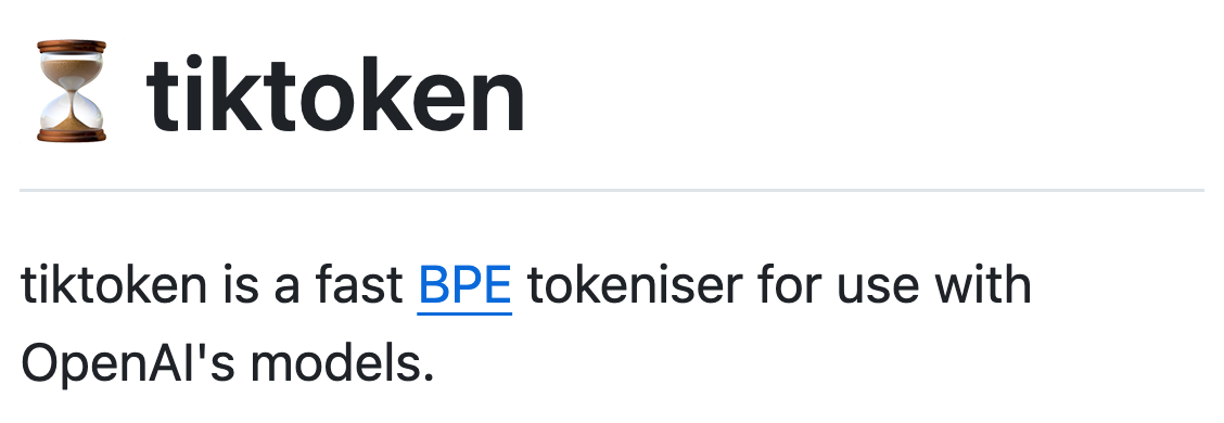 tiktoken is a fast BPE tokeniser for use with OpenAI's models.